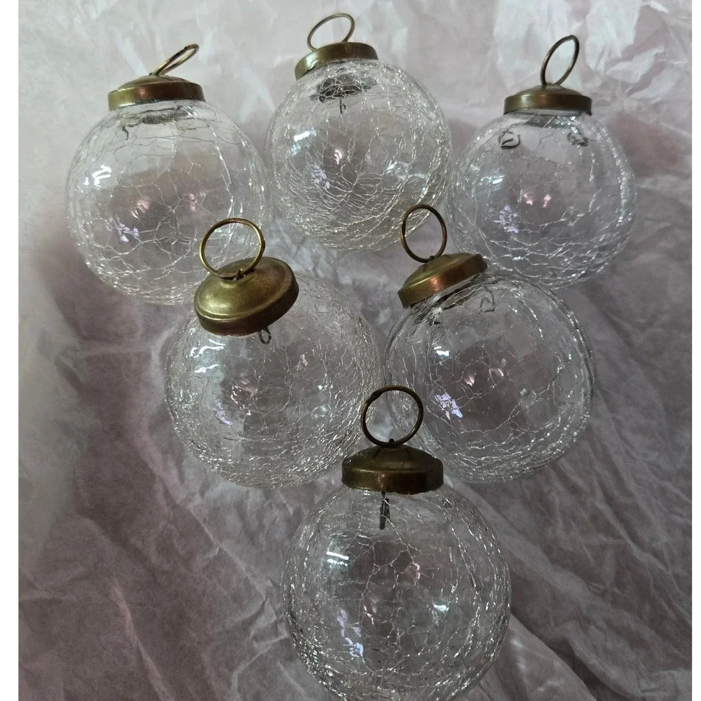 Restoration Hardware Crackle Glass Ornaments Set of‎ 6 Clear Brass Vintage Style